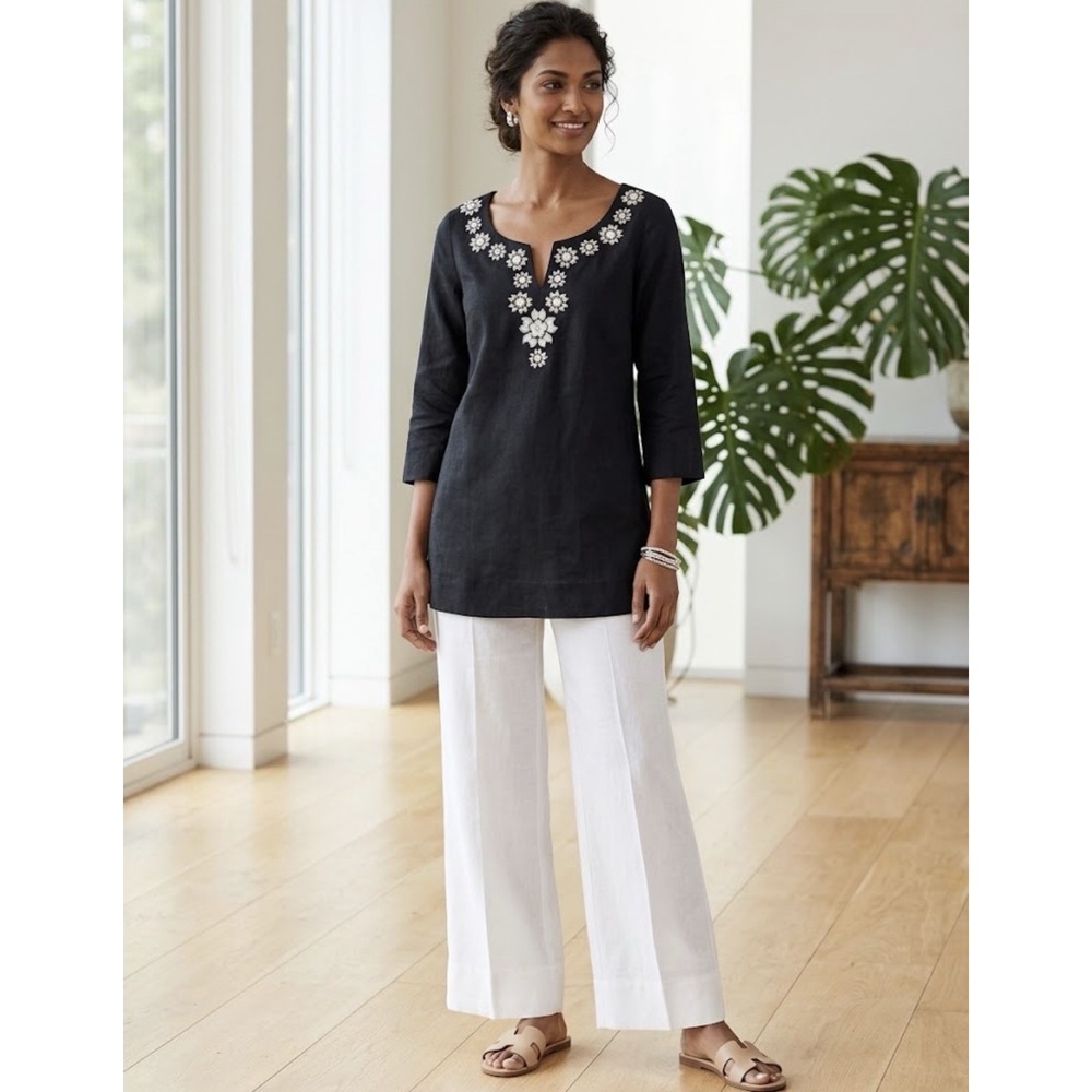 J.Crew Top size S Navy Linen Tunic 3/4 Sleeve Embroidered Mirror Notch Neck